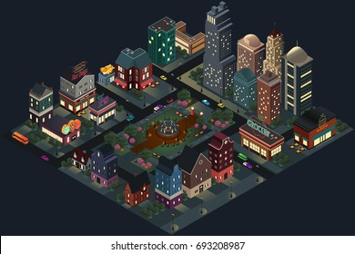 A vector illustration of Isometric Design of City Streets and Buildings at Night