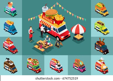 A Vector Illustration Of Isometric Design Of Different Food Trucks