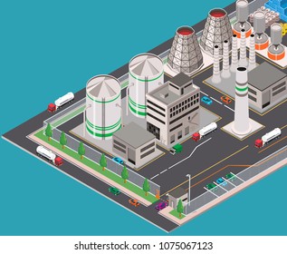 Vector illustration in isometric design. Plant, or industrial factory with buildings and departments. Infographic concept.