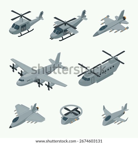 A vector illustration of Isometric of Different Military Aircraft