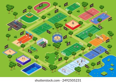 A vector illustration of Isometric Different Sport Courts Map in a Park