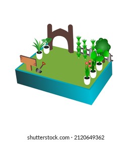 ilustración vectorial de la muñeca isométrica, parcela de jardín con concepto 3D