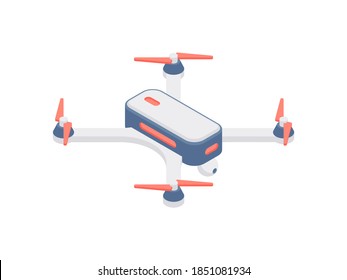 Vector illustration of isometric drone with camera flying on white background showing concept of remote inspection and surveillance in city