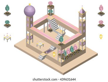 vector illustration  isometric east castle for games with vase table trees of the same style