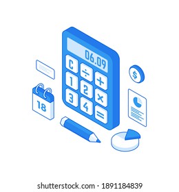 Vektorgrafik des isometrischen elektronischen Taschenrechners mit Bleistift und Kalender in der Nähe von Finanzdiagrammen und Diagrammen, die das Konzept der Unternehmensanalyse und der Kapitalanlagen darstellen, einzeln auf weißem Hintergrund