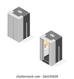 A vector illustration of an isometric elevator.
Isometric elevator.
A vector elevator with a closed or open door.