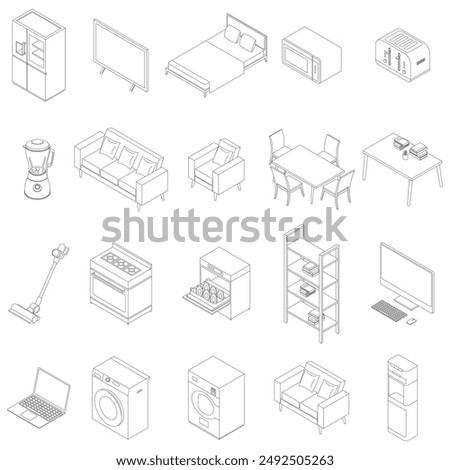 A vector illustration of Isometric Everyday Household Items Outline