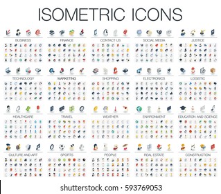 Vector illustration of isometric flat icons for business, bank, social media market, justice, internet technology, shop, education, sport, healthcare, art and construction. Color 3d web symbols set.