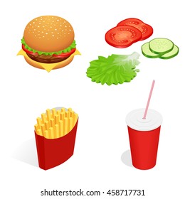 Vector illustration of isometric food burger, French fries, cola, cucumber, tomato, lettuce. Fast food concept. Tasty snack.