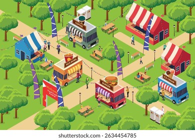 A vector illustration of Isometric Food Truck Festival 