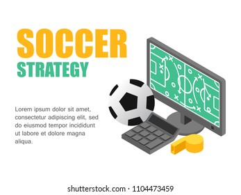 Vector illustration isometric football field with strategy on monitor computer. Concept soccer strategy