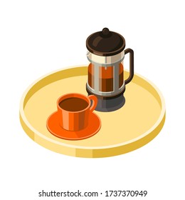Vector Illustration of Isometric French Press or Teapot and Cup with Tea or Coffee on a tray isolated on white background. Colorful. Cafe, Restaurant Menu Design Concept.