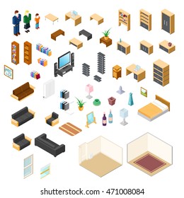 Vector illustration of isometric furniture elements and objects Icon Set.