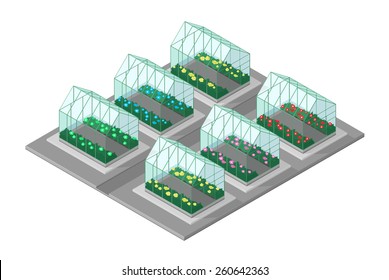 A vector illustration of an Isometric garden center. Isometric Garden Center. several greenhouses growing different plants.