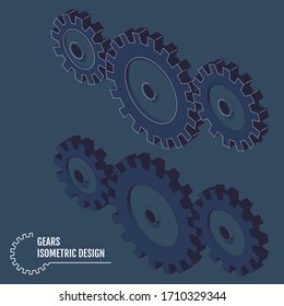 Ilustración vectorial de los engranajes isométricos en el fondo gris.