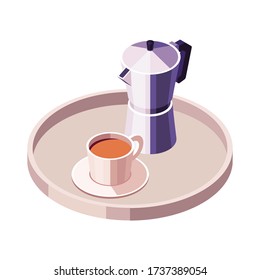 Vector Illustration of Isometric Geyser Coffee Maker and Cup of Coffee on a tray isolated on white background. Pastel Colors. Cafe, Restaurant Menu Design Concept.