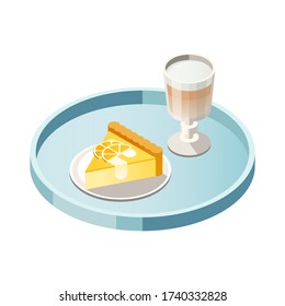 Vector Illustration von Isometrischem Glas mit Latte und Cheesecake mit geschnitten orange auf einem Tablett isoliert auf weißem Hintergrund. farbenfroh. Cafe, Restaurant Menü Design Konzept.