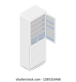 Vector illustration isometric grey empty refrigerator. Refrigerator or fridge icon