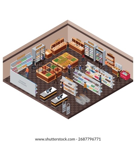 A vector illustration of Isometric Grocery Store Interior 