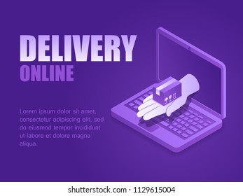 Vector illustration isometric hand with delivery postal package of laptop monitor landing page. Concept delivery online. 