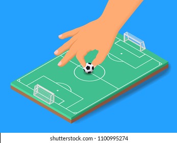 Vector illustration isometric hand with soocer ball on football field and blue background