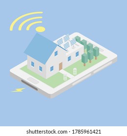 ilustración vectorial del hogar isométrico con control remoto inalámbrico de panel solar en el teléfono inteligente, sostenibilidad alternativa moderna con energía renovable ecológica