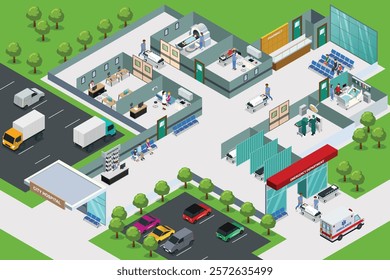 A vector illustration of Isometric Hospital Building Healthcare Emergency 