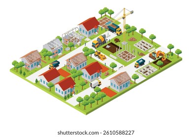 A vector illustration of Isometric House Construction Development Industry