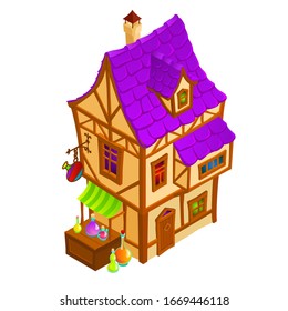 Vector illustration isometric house isolated game house medieval Timber framing building with purple roof magic house with potions purple roof tiles