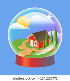Vector illustration of isometric house in  snow globe. Isolated summer day view.