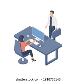 Vektorgrafik des isometrischen HR-Managers, der am Tisch mit Laptop sitzt und mit männlichen Kandidaten spricht, während er das Konzept des Vorstellungsgesprächs und der Einstellung demonstriert
