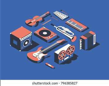 Vector illustration, isometric icon set, collection of musical instruments, blue background. Dynamic, electric guitar, harmonica, reel tape recorder, accordion, trumpet, piano, dj mixer, violin