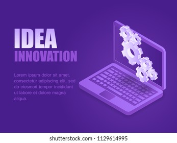 Vector illustration isometric idea gears on laptop screen landing page. Concept idea innovation. 