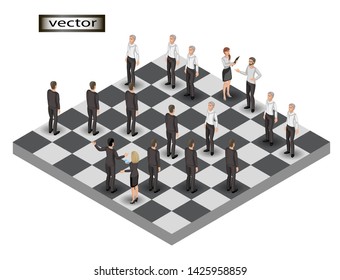 vector illustration isometric image of people on a chessboard, chief Secretary and office workers obey orders, pawns in the game