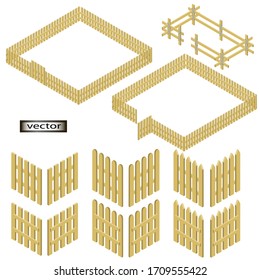Imagen isométrica vectorial de una valla de madera hecha de tablas de diseño simple y esculpido del borde de un jardín, huerto y granja