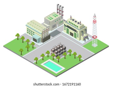 Vector illustration isometric Industrial buildings composition with view of the facilities like chimney