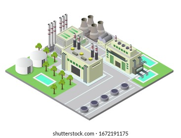 Vector illustration isometric Industrial buildings composition with view of the facilities like chimney