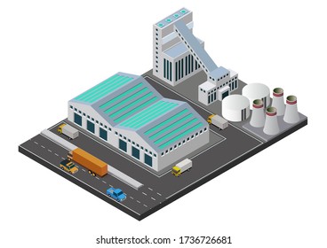 Vector illustration isometric Industrial buildings composition with view of the facilities like chimney