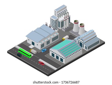 Vector illustration isometric Industrial buildings composition with view of the facilities like chimney