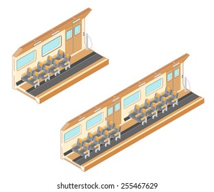 A Vector Illustration Of An Isometric Interior Commuter Railway Train. Isometric Interior Of A Train. Interior Of A Modern Railway Train Or Subway.