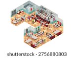 A vector illustration of Isometric Interior of Fast Food Restaurant