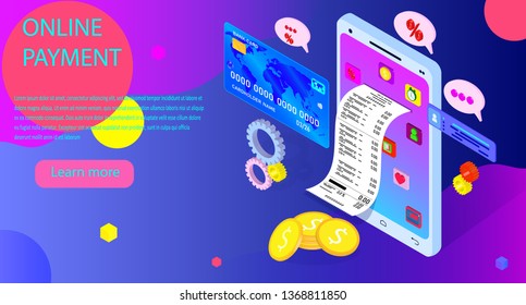 Vector illustration in isometric. Internet payments, protection money transfer, online bank. Mobile marketing and e-commerce. Sale, buy, financial operation, work with money, banking and other