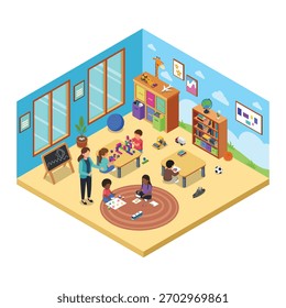 Ilustración vectorial isométrica de una escuela de jardín de infantes 