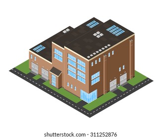 A vector illustration of an isometric large industrial building situated by a roadside.Large isometric Industrial warehouse icon illustration.
isometric factory production building.