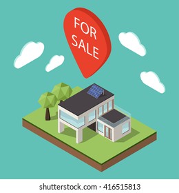 Vector illustration of isometric large private modern cottage or house for real estate brochures or web icon. Map pointer over the house with the words "For Sale" on it. Sale concept.