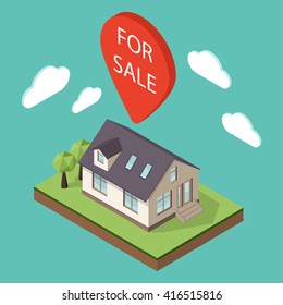 Vector illustration of isometric large private family cottage or house for real estate brochures or web icon. Map pointer over the house with the words "For Sale" on it. Sale concept.
