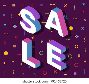 Vector illustration of isometric letter on bright background with graphic elements. Flat style word sale design for web, banner, sale advertising
