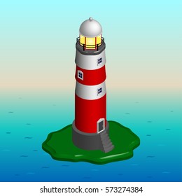 Vector illustration of isometric lighthouse. Searchlight tower in ocean.