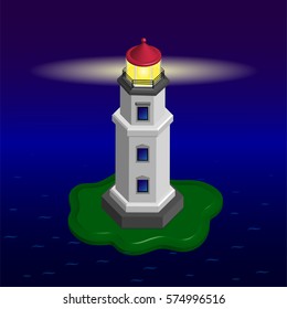 Vector illustration of isometric lighthouse. Searchlight tower in ocean.