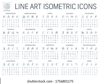 Vector Illustration Of Isometric Line Art Icons For Business, Bank, Social Media Market, Logistics, Technology, Shop, Education, Sport, Healthcare, Construction. 3d Technical Drawing. Editable Stroke.